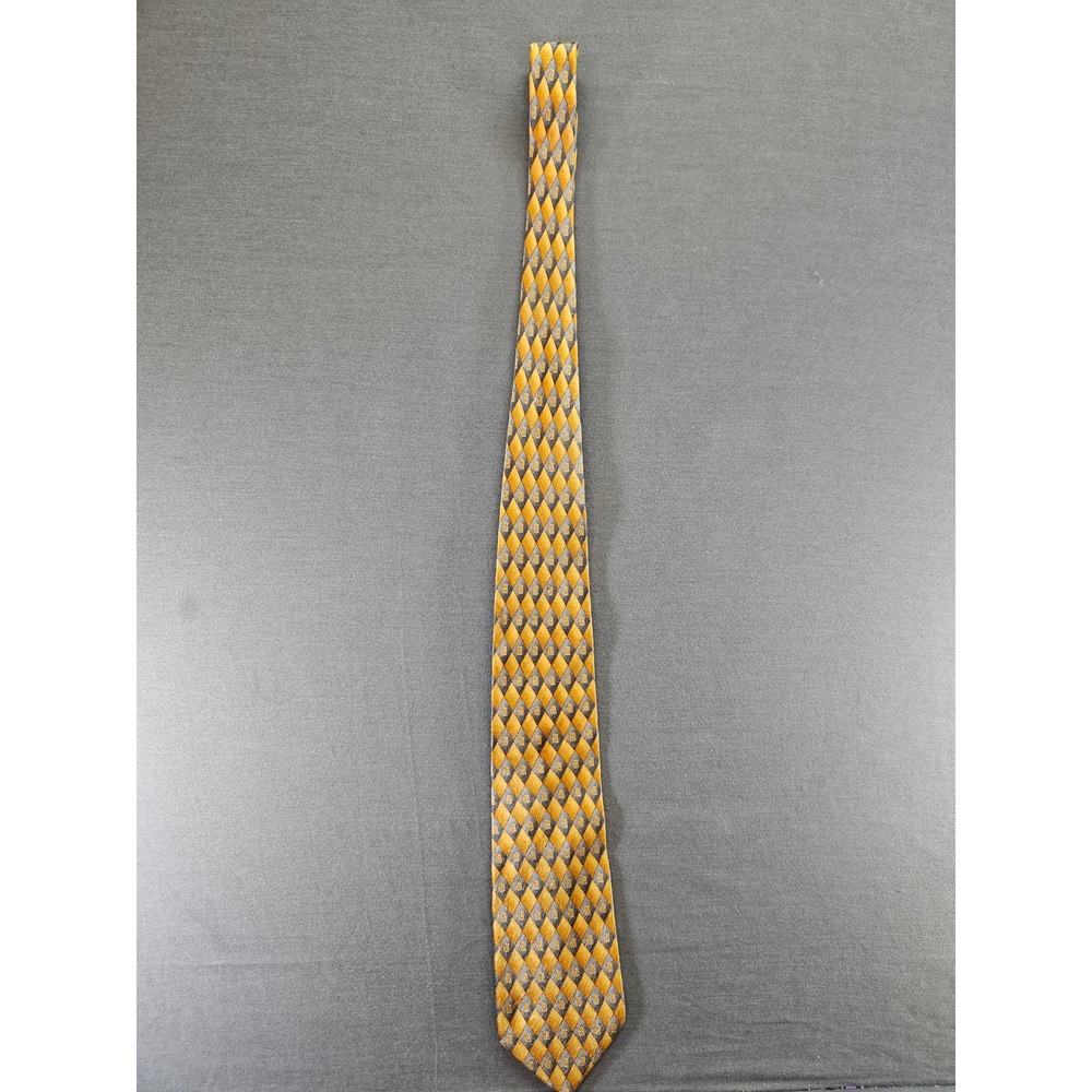 Mens Gold Orange Grey Geometric Diamond Lattice Silk Necktie Classic Formal Tie